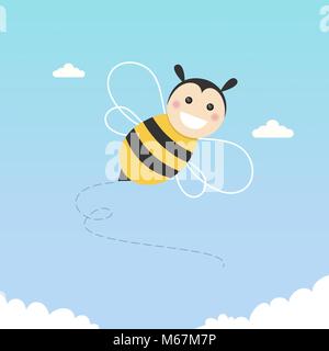 Happy bee flying on a blue sky. Vector illustration Stock Vector