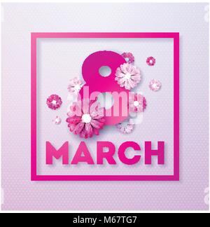 8 March. Happy Womens Day Floral Greeting card. International Holiday Illustration with Flower Design on Pink Background. Vector Spring Template. Stock Vector