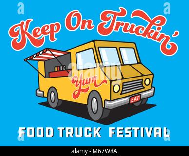 Food Truck Cartoon Vector Illustration. Design for Food Truck Festival poster or advertising with vector illustration of food truck with open window. Stock Vector