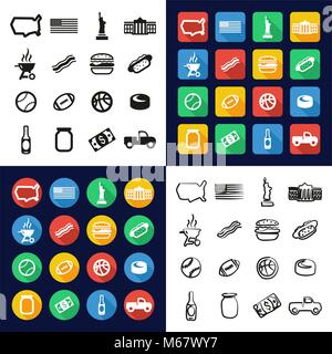 USA All in One Icons Black & White Color Flat Design Freehand Set Stock Vector