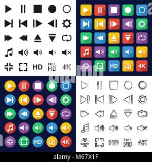 Video Or Music Or Camera Button All in One Icons Black & White Color Flat Design Freehand Set Stock Vector