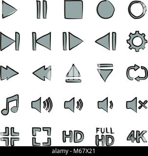 Video Or Music Or Camera Button Icons Freehand 2 Color Stock Vector