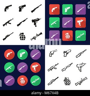 Weapons All in One Icons Black & White Color Flat Design Freehand Set Stock Vector