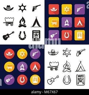 Wild West All in One Icons Black & White Color Flat Design Freehand Set Stock Vector