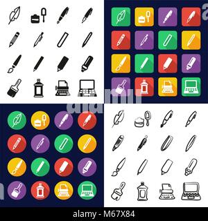 Writing Tools All in One Icons Black & White Color Flat Design Freehand Set Stock Vector