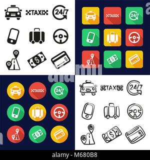 Taxi All in One Icons Black & White Color Flat Design Freehand Set Stock Vector