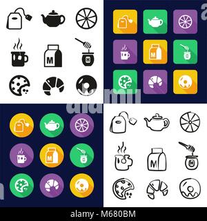 Tea All in One Icons Black & White Color Flat Design Freehand Set Stock Vector