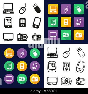 Technology All in One Icons Black & White Color Flat Design Freehand Set Stock Vector