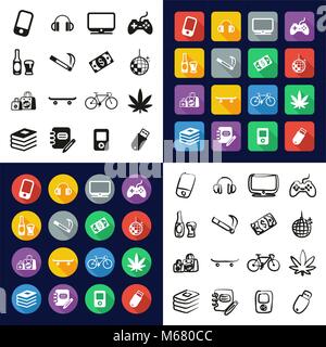 Teenager All in One Icons Black & White Color Flat Design Freehand Set Stock Vector