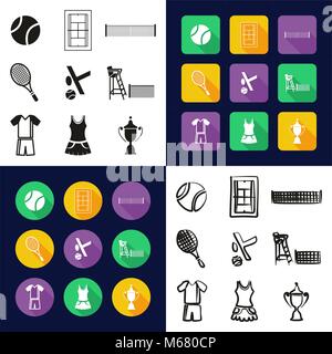 Tennis All in One Icons Black & White Color Flat Design Freehand Set Stock Vector