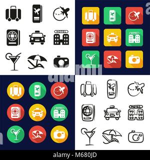 Travel All in One Icons Black & White Color Flat Design Freehand Set Stock Vector