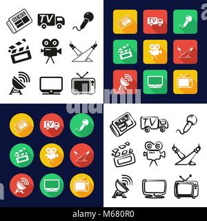TV Station All in One Icons Black & White Color Flat Design Freehand Set Stock Vector
