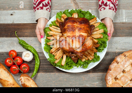 Thanksgiving or Christmas. Homemade  roasted whole turkey on wooden table. Thanksgiving Celebration Traditional Dinner Setting Food Concept Stock Photo
