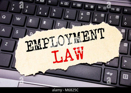 Writing text showing Employment Law. Business concept for Employee Legal Justice written on sticky note paper on black keyboard background. Stock Photo