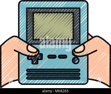 hands holding retro video game console vector illustration drawing design Stock Vector