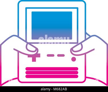 hands holding retro video game console vector illustration degrade color line image Stock Vector