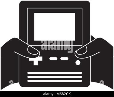 hands holding retro video game console vector illustration black and white design Stock Vector