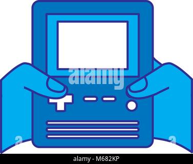 hands holding retro video game console vector illustration blue design Stock Vector