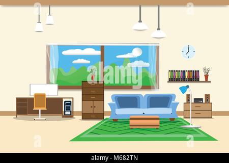 living room or office design interior relax with sofa blue and bookshelf window in wall yellow background. vector illustration Stock Vector