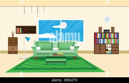 living room or office design interior relax with sofa - carpet green and bookshelf window in wall yellow background. vector illustration Stock Vector