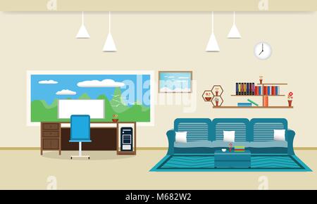 living room interior design relax with sofa and Computer table - chair bookshelf window sky cloud landscape meadow Bird on mountain in wall color crea Stock Vector