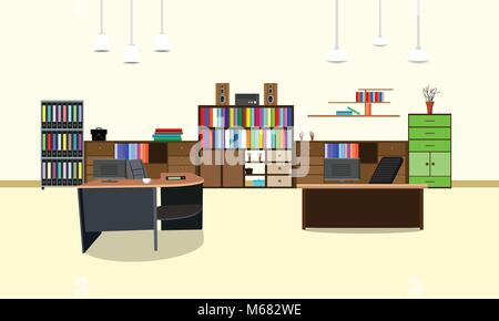room office workplace design interior with cabinet, table, chair, book, bookcase and wall. vector illustration Stock Vector