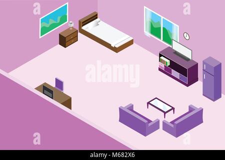 living room modern bedroom interior and wooden table, sofa design vector illustration. room isometric style Purple tone Stock Vector