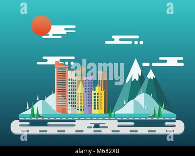 city flat scene design with building apartment and forest mountains. landscapes Vector illustrations Stock Vector