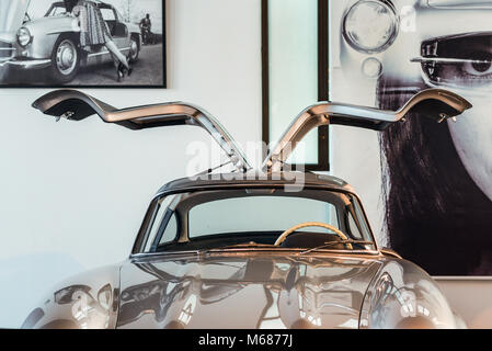 Malaga, Spain - December 7, 2016: Close up view of 1957 Mercedes-Benz 300SL Gullwing coupe Germany car displayed at Malaga Automobile and Fashion Muse Stock Photo