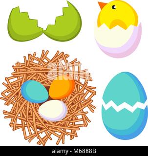 Cartoon easter icon set chicken nest egg shell. Stock Vector