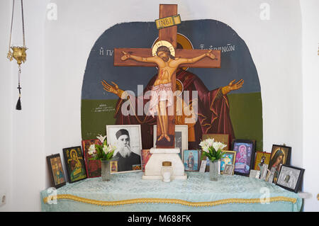 The interior of a small Greek Orthodox chapel in Voulgari, Syros (aka Siros or Syra), Cyclades, Greece. Stock Photo