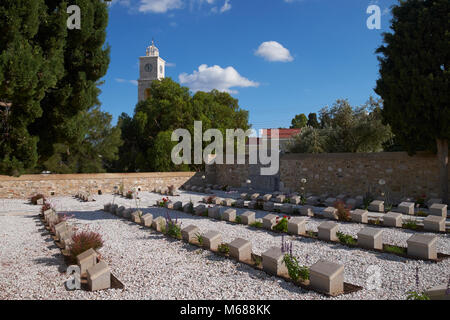 The Syra New British Cemetery, Ermoupoli, Syros (aka Siros or Syra), Cyclades, Greece, is maintained by the Commonwealth War Graves Commission. Stock Photo