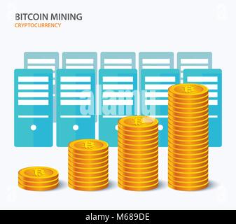 Bitcoin mining concept cryptocurrency farm working computer background. Stock Vector