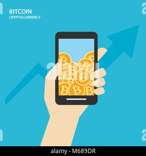 Bitcoin on smartphones with human hand. Cryptocurrency market concept. Stock Vector