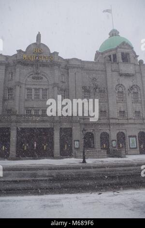 His Majetsy's Theatre. Beast from the East, Snow Storm Emma. Aberdeen, Scotland, UK. Stock Photo