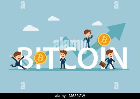 Businessman are happy at the bitcoin prices up. Cryptocurrency market concept. Flat cartoon character design. Stock Vector