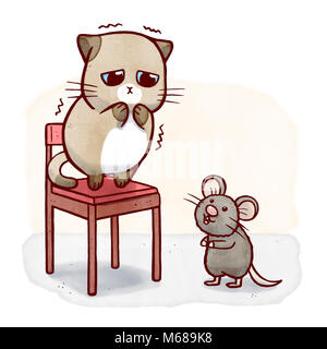 Coward cat standing on a chair and trembling in fear of a friendly mouse Stock Photo