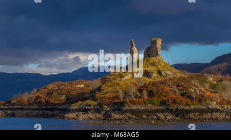 Castle Moal, or Moil, was the ancient seat of the Mackinnon clan; a fortress commanding the strait of Kyle Akin between Skye and the mainland. Stock Photo