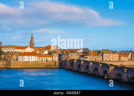 Country town England, view across the River Tweed towards the town of Berwick upon Tweed, Northumberland, England, UK. Stock Photo