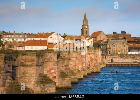 River Tweed Berwick, view of the old 17th Century bridge across the Tweed leading to the town of Berwick upon Tweed, Northumberland, England, UK Stock Photo