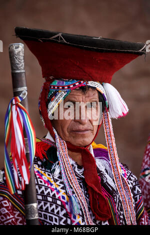 Local Quechua mayors (varayocs) dressed in traditional costumes before ...