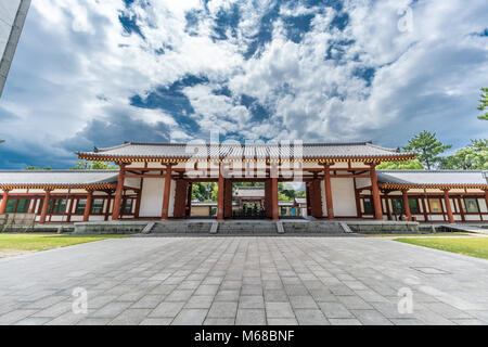 Nara - August 25, 2017: Yakushi-Ji temple. View of chumon gate from Kondo (Main hall), listed as UNESCO World Heritage Site as Historic Monuments of A Stock Photo