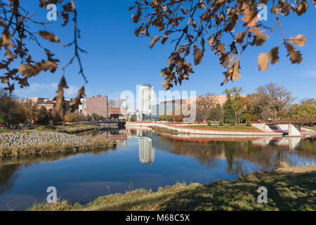 Fall view of Rochester Minnesota skyline along Zumbro River.  Home of Mayo Clinic. Stock Photo