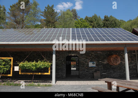 Photovoltaic panels (PV) on the roof of the café at the Centre for Alternative Technology, Machynlleth Stock Photo