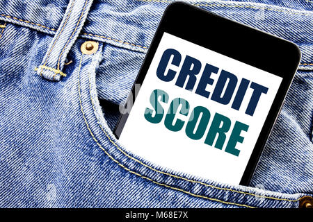 Conceptual hand writing text caption inspiration showing Credit Score. Business concept for Financial Rating Record Written phone mobile phone, cellph Stock Photo
