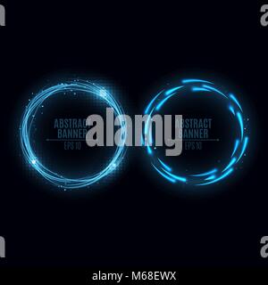 Two glowing neon banners are blue. Shining lights in motion with small particles. Flying motes and lights. Banners for the web. Vector illustration. E Stock Vector