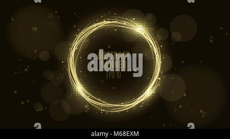 Luminous neon banner of gold color from woven strips. Shining lights in motion with small particles. Glare bokeh. Flying motes and lights. Banners for Stock Vector