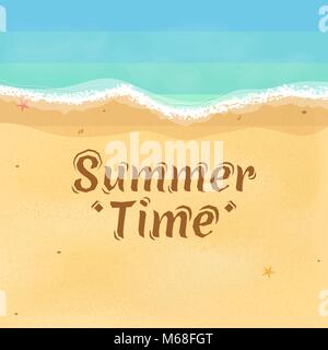 Summer time. Top view of an exotic empty beach with sea stars and seashells. Beautiful text on the sand. A foamy sea with waves. Vector illustration.  Stock Vector