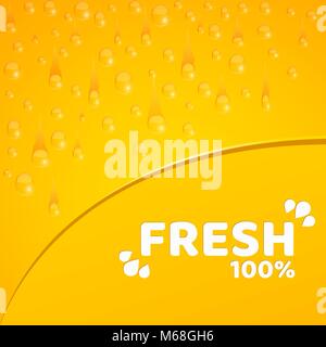 Orange background, template for your projects. 100 percent freshly squeezed orange juice. Water drops. Rounded notch. Vector illustration for your pro Stock Vector