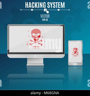 Modern computer and phone on a blue background. Hacking system. Red skull on a light screen. Hi-tech. Vector illustration. ESP 10 Stock Vector